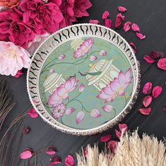 Vriksham Silver Pichwai Tray-Temple Design-Aqua Green-RG164