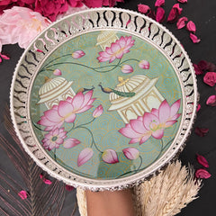 Vriksham Silver Pichwai Tray-Temple Design-Aqua Green-RG164