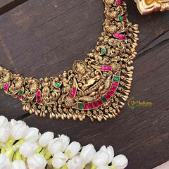 Vriksham Gold Look Alike Lakshmi Peacock Long Neckpiece-Red Green-Gold Bead-G21271