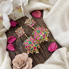 Vriksham Traditional Floral Cluster Kemp Stud & Ear Cuffs Bugadi With Pearls-G19990