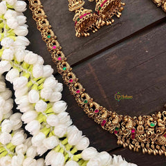 Vriksham Gold Look Alike Lakshmi Peacock Long Neckpiece-Red Green-Gold Bead-G21271