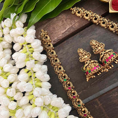 Vriksham Gold Look Alike Lakshmi Peacock Long Neckpiece-Red Green-Gold Bead-G21271