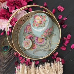 Vriksham Golden Pichwai Basket with Jar & Kumkum Box-Aqua Green-Floral Print-RG172