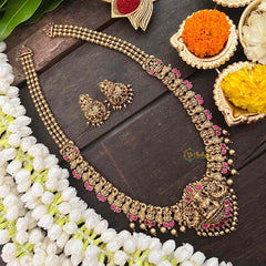 Vriksham Gold Look Alike Lakshmi Long Neckpiece-Red-Golden Bead-G21276