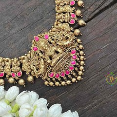 Vriksham Gold Look Alike Lakshmi Long Neckpiece-Red-Golden Bead-G21276