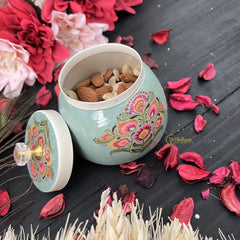 Vriksham Golden Pichwai Basket with Jar & Kumkum Box-Aqua Green-Floral Print-RG172
