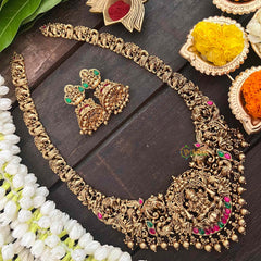 Vriksham Lakshmi Dual Elephant Long Neckpiece-Red Green-Gold Bead-G21274