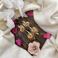 Vriksham Antique Peacock & Paisley Kundan Jadau Stud With Ear Cuffs Bugadi With Pearl-Red Green-G20006