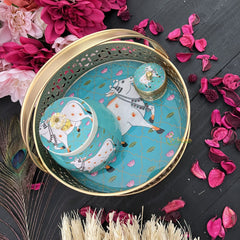Vriksham Golden Pichwai Basket with Jar & Kumkum Box-Aqua Blue-Cow Design-RG197