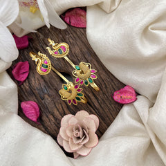 Vriksham Antique Peacock & Paisley Kundan Jadau Stud With Ear Cuffs Bugadi With Pearl-Red Green-G20006