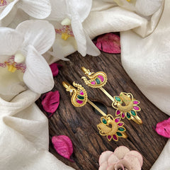 Vriksham Antique Peacock & Paisley Kundan Jadau Stud With Ear Cuffs Bugadi With Pearl-Red Green-G20006