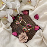 Vriksham Antique Manga Style Jadau Stud & Ear Cuffs Bugadi With Pearls-Red Green-G19998