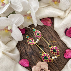 Vriksham Antique Manga Style Jadau Stud & Ear Cuffs Bugadi With Pearls-Red Green-G19998