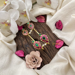 Vriksham Antique Manga Style Jadau Stud & Ear Cuffs Bugadi With Pearls-Red Green-G19998