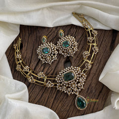 Victorian Diamond Hasli Choker Neckpiece - Aqua Green - VV1374