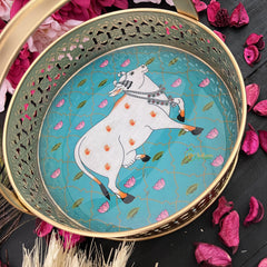 Vriksham Golden Pichwai Basket-Aqua Blue-Cow Design-RG265