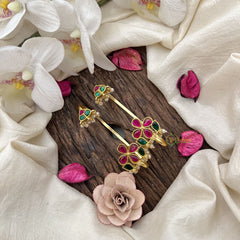 Vriksham Floral Kundan Jadau Stud With Ear Cuffs Bugadi With Pearl-Red Green-G20007