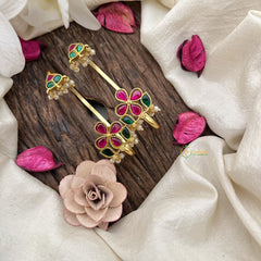 Vriksham Floral Kundan Jadau Stud With Ear Cuffs Bugadi With Pearl-Red Green-G20007