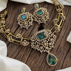 Victorian Diamond Hasli Choker Neckpiece - Aqua Green - VV1374