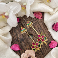 Vriksham Floral Kundan Jadau Stud With Ear Cuffs Bugadi With Pearl-Red Green-G20007