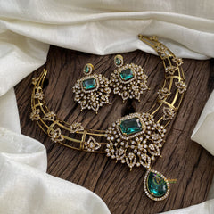 Victorian Diamond Hasli Choker Neckpiece - Aqua Green - VV1374
