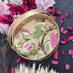 Vriksham Golden Pichwai Basket with Jar & Kumkum Box-Off White-Parrot Design-RG198