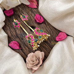 Vriksham Lotus & Peacock Style Jadau Stud & Ear Cuffs Bugadi With Pearls-G19996