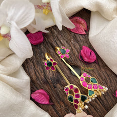 Vriksham Lotus & Peacock Style Jadau Stud & Ear Cuffs Bugadi With Pearls-G19996