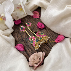 Vriksham Lotus & Peacock Style Jadau Stud & Ear Cuffs Bugadi With Pearls-G19996