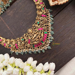 Vriksham Gold Look Alike Lakshmi Peacock Long Neckpiece-Red Green-Pastel Green Bead-G21278