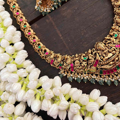 Vriksham Gold Look Alike Lakshmi Peacock Long Neckpiece-Red Green-Pastel Green Bead-G21278