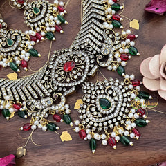 Premium Victorian Diamond Short Pendant Neckpiece-Red Green Beads-VV1457