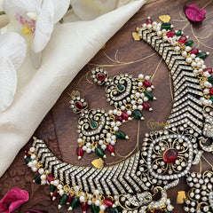 Premium Victorian Diamond Short Pendant Neckpiece-Red Green Beads-VV1457