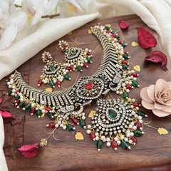 Premium Victorian Diamond Short Pendant Neckpiece-Red Green Beads-VV1457