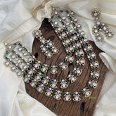 Premium 3 Layered Victorian Diamond Neckpiece - White & Green - VV1391