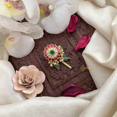 Vriksham Designer Floral Type Kundan Kundan Jadau Jada Billai-Red White & Green-Aqua Green Bead-J3833