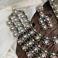 Premium 3 Layered Victorian Diamond Neckpiece - White & Green - VV1391