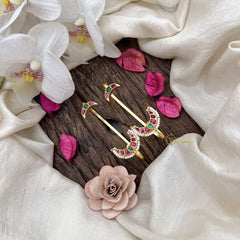 Vriksham Elegant Half Moon Jadau Stud & Ear Cuffs Bugadi With Pearls-Red Green-G19999