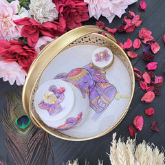 Vriksham Golden Pichwai Basket with Jar & Kumkum Box-White-Elephant Design-RG199