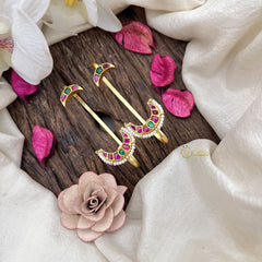 Vriksham Elegant Half Moon Jadau Stud & Ear Cuffs Bugadi With Pearls-Red Green-G19999