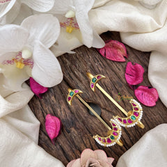 Vriksham Elegant Half Moon Jadau Stud & Ear Cuffs Bugadi With Pearls-Red Green-G19999