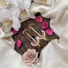 Vriksham Elegant Half Moon Jadau Stud & Ear Cuffs Bugadi With Pearls-Red Green-G19999