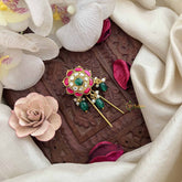 Vriksham Simple Floral Kundan Jadau Jada Billai-Red White & Green-Green Bead-J3834