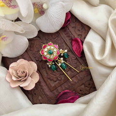 Vriksham Simple Floral Kundan Jadau Jada Billai-Red White & Green-Green Bead-J3834