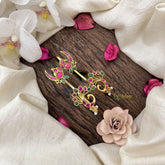 Vriksham Designer Peacock Feather Style Jadau Stud & Ear Cuffs Bugadi With Pearls-Red Green-G20001