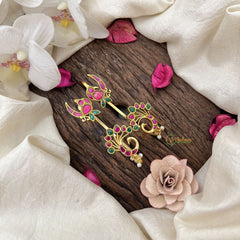 Vriksham Designer Peacock Feather Style Jadau Stud & Ear Cuffs Bugadi With Pearls-Red Green-G20001