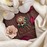 Vriksham Elegant Star Floral Style Kundan Jadau Jada Billai-Red White & Green-Green Bead-J3837