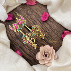 Vriksham Designer Peacock Feather Style Jadau Stud & Ear Cuffs Bugadi With Pearls-Red Green-G20001