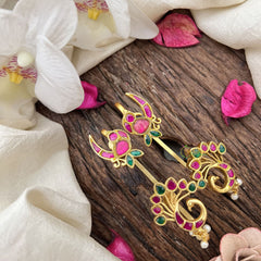 Vriksham Designer Peacock Feather Style Jadau Stud & Ear Cuffs Bugadi With Pearls-Red Green-G20001