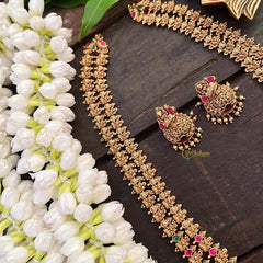 Vriksham Double Layer Gold Plated Lakshmi With Leaf Long Neckpiece-Red Green-G21273